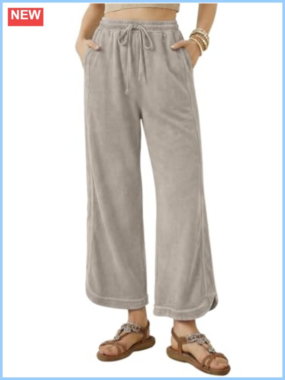 100% Cotton Wide Leg Cropped Pants Drawstring High Rise Palazzo Lounge